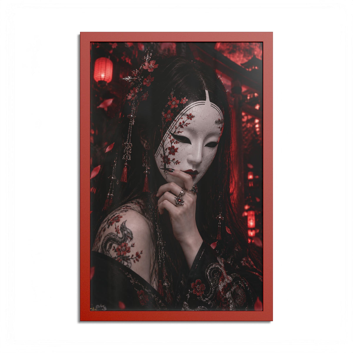 TOKYO GIRLS – Crimson Mask | Premium Framed Japanese Wall Art | Dark Tokyo Decor | Cool Living Club