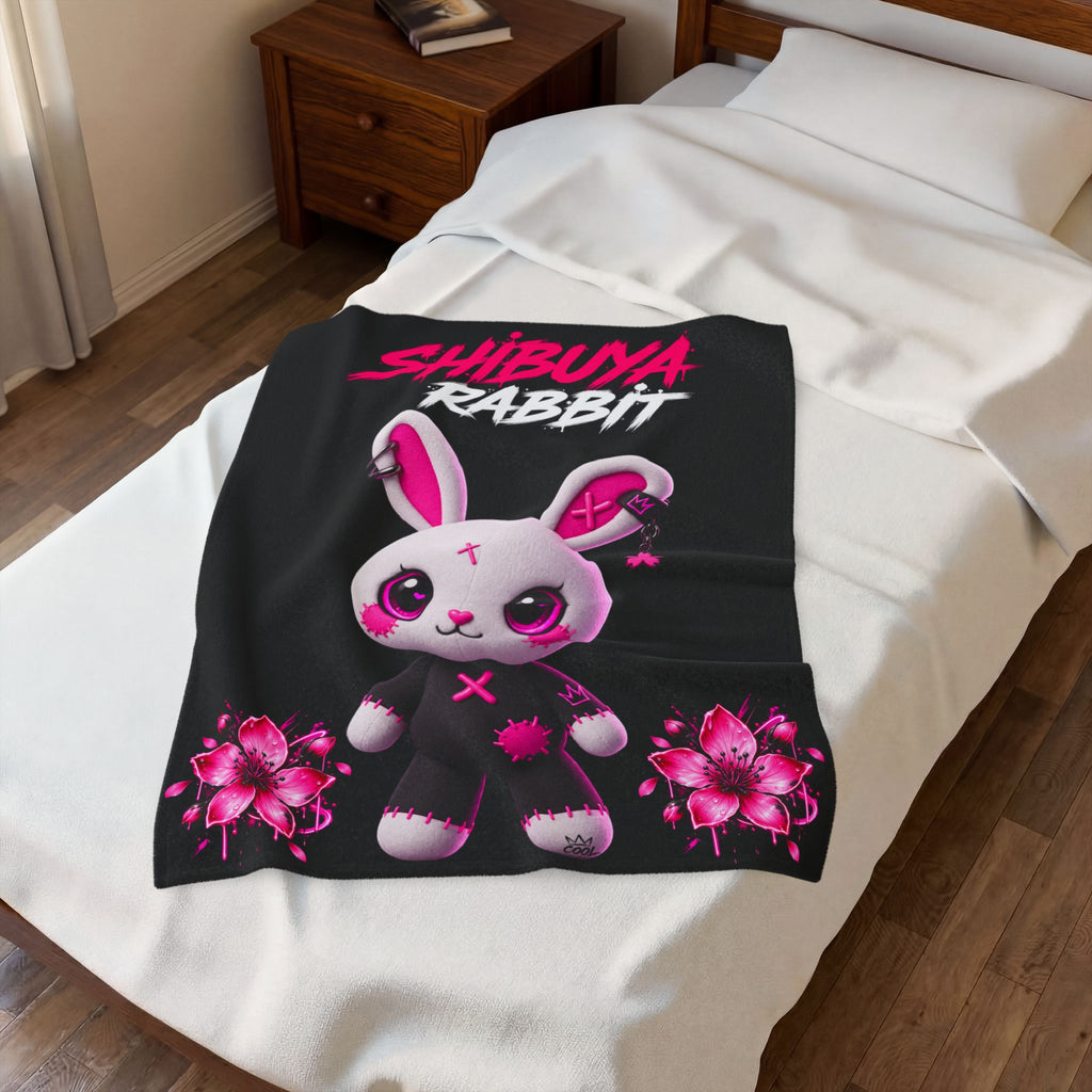 SHIBUYA RABBIT – Kawaii Japanese Plush Blanket | Pink & Black Bunny Throw | Harajuku Anime Bedroom Decor | Tokyo Aesthetic | Cool Living Club