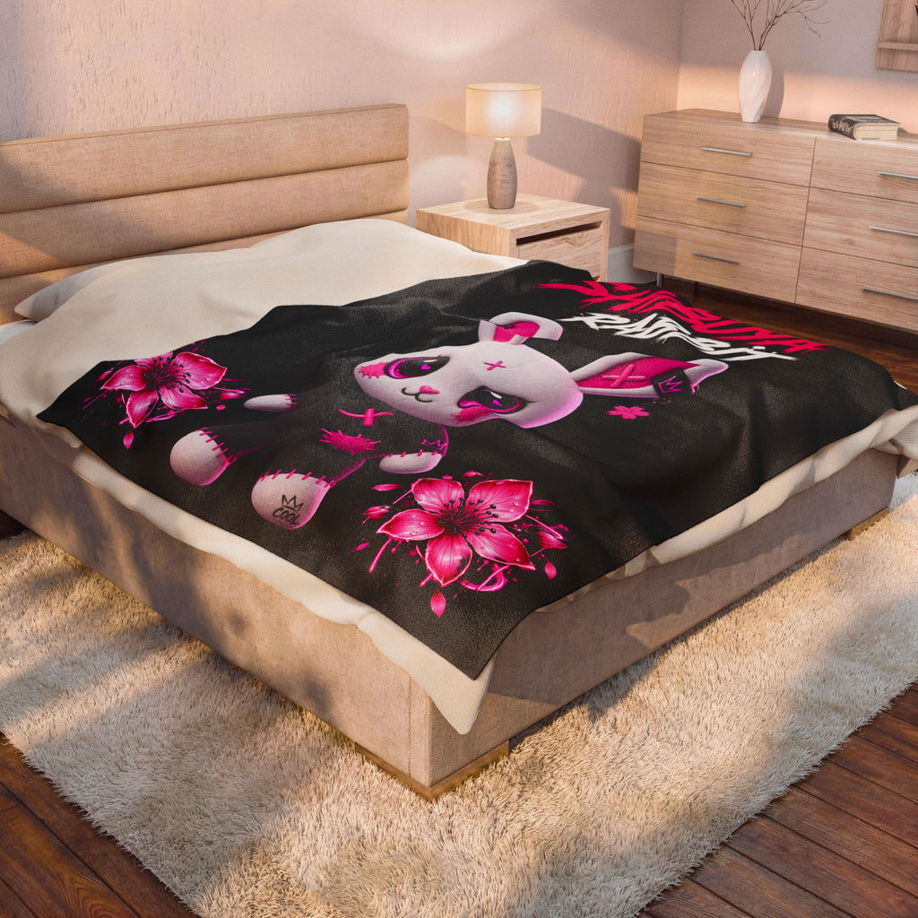 SHIBUYA RABBIT – Kawaii Japanese Plush Blanket | Pink & Black Bunny Throw | Harajuku Anime Bedroom Decor | Tokyo Aesthetic | Cool Living Club