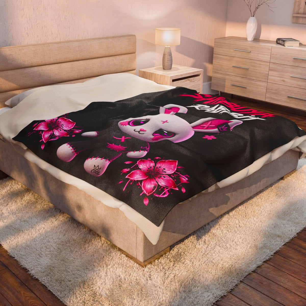 SHIBUYA RABBIT – Kawaii Japanese Plush Blanket | Pink & Black Bunny Throw | Harajuku Anime Bedroom Decor | Tokyo Aesthetic | Cool Living Club