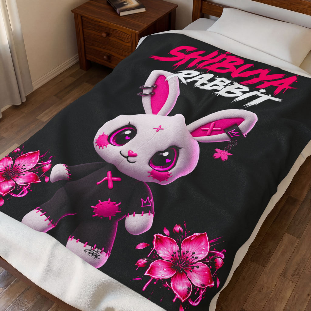 SHIBUYA RABBIT – Kawaii Japanese Plush Blanket | Pink & Black Bunny Throw | Harajuku Anime Bedroom Decor | Tokyo Aesthetic | Cool Living Club