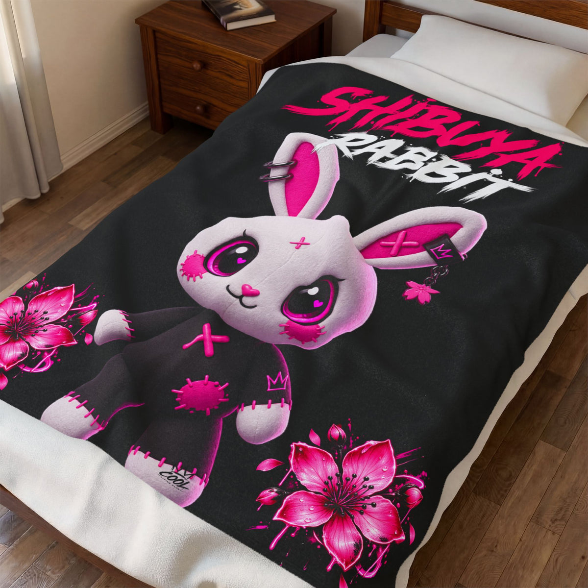 SHIBUYA RABBIT – Kawaii Japanese Plush Blanket | Pink & Black Bunny Throw | Harajuku Anime Bedroom Decor | Tokyo Aesthetic | Cool Living Club