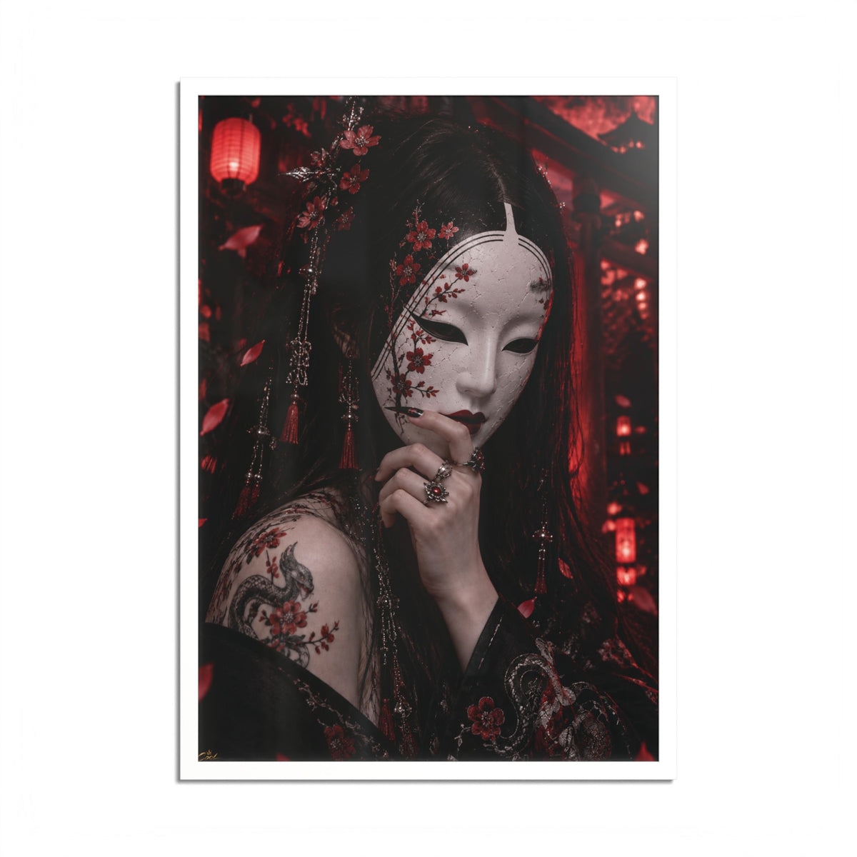 TOKYO GIRLS – Crimson Mask | Premium Framed Japanese Wall Art | Dark Tokyo Decor | Cool Living Club