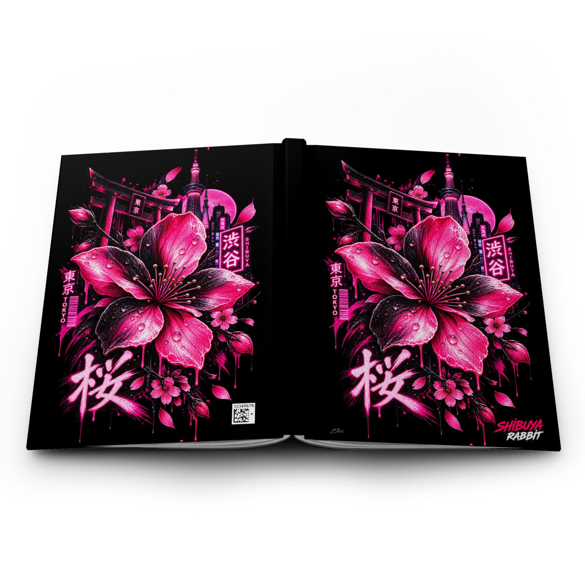 SHIBUYA SAKURA Neon Hardcover Journal | Japanese Cherry Blossom Notebook | Tokyo Japan Diary | Cyberpunk Floral Journal | Cool Living Club