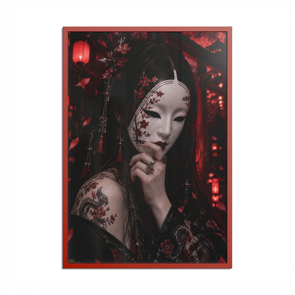 TOKYO GIRLS – Crimson Mask | Premium Framed Japanese Wall Art | Dark Tokyo Decor | Cool Living Club