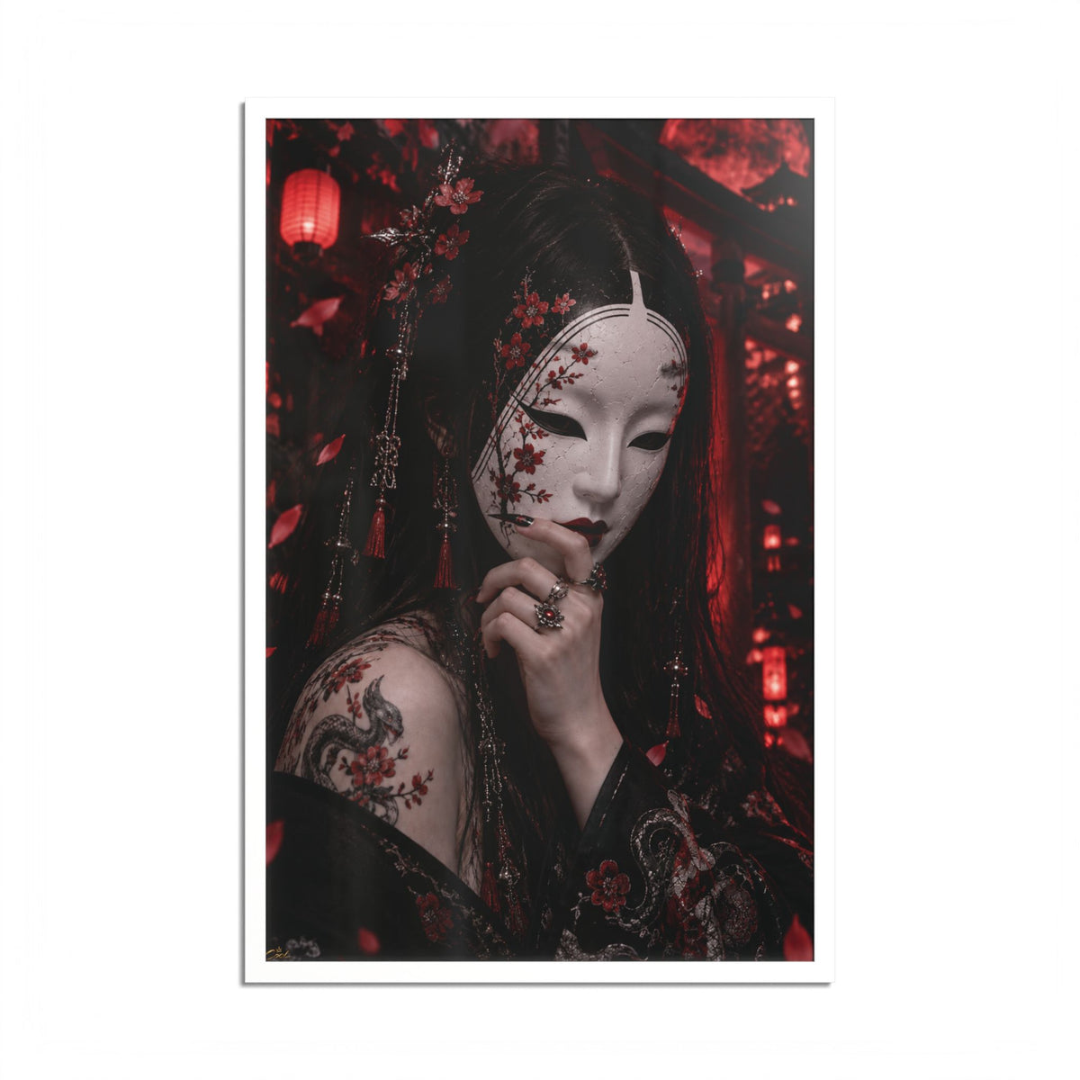 TOKYO GIRLS – Crimson Mask | Premium Framed Japanese Wall Art | Dark Tokyo Decor | Cool Living Club