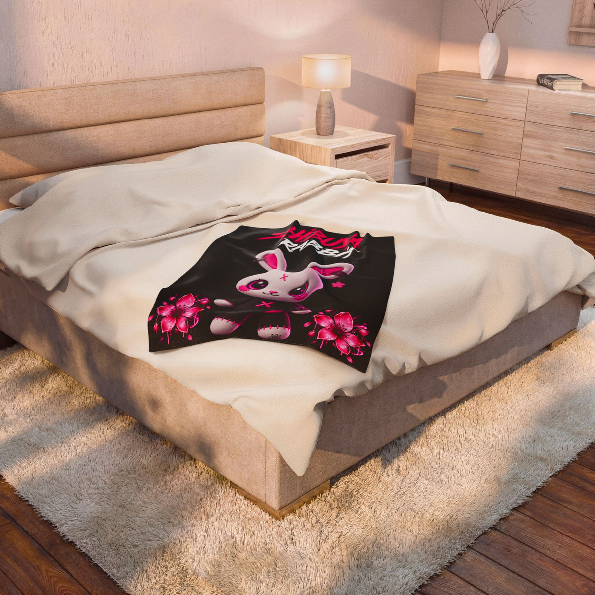SHIBUYA RABBIT – Kawaii Japanese Plush Blanket | Pink & Black Bunny Throw | Harajuku Anime Bedroom Decor | Tokyo Aesthetic | Cool Living Club