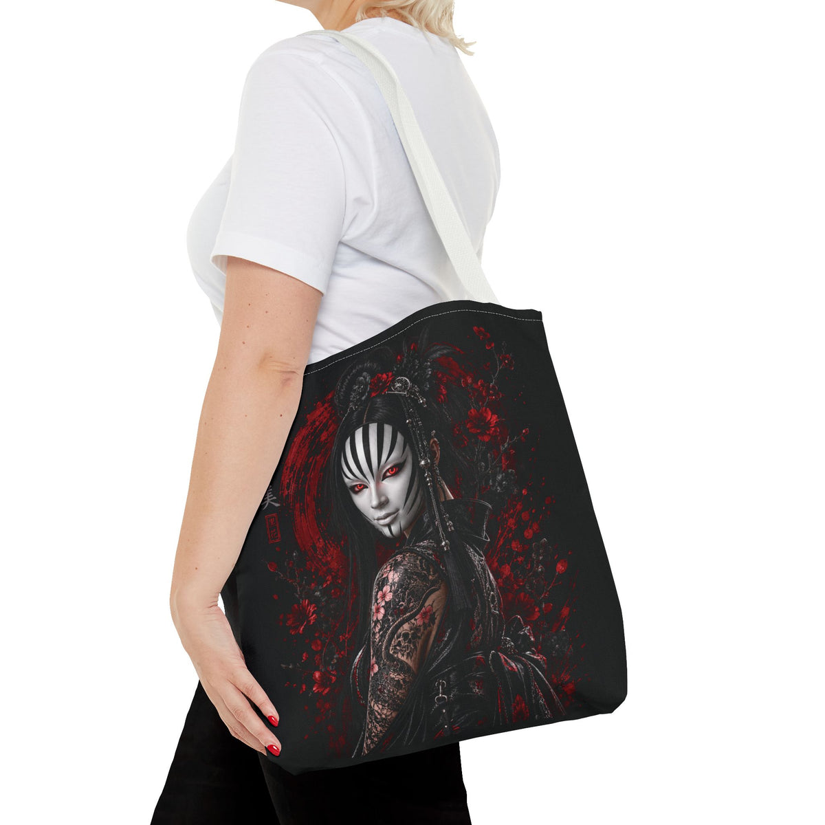 Tokyo Shadows Mask Tote Bag | Japanese Gothic All-Over Print Bag | Premium Streetwear Tote | Cool Living Club