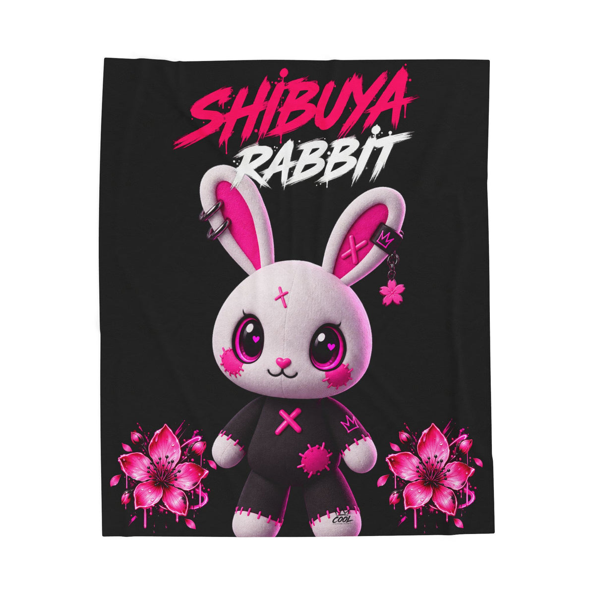 SHIBUYA RABBIT – Kawaii Japanese Plush Blanket | Pink & Black Bunny Throw | Harajuku Anime Bedroom Decor | Tokyo Aesthetic | Cool Living Club