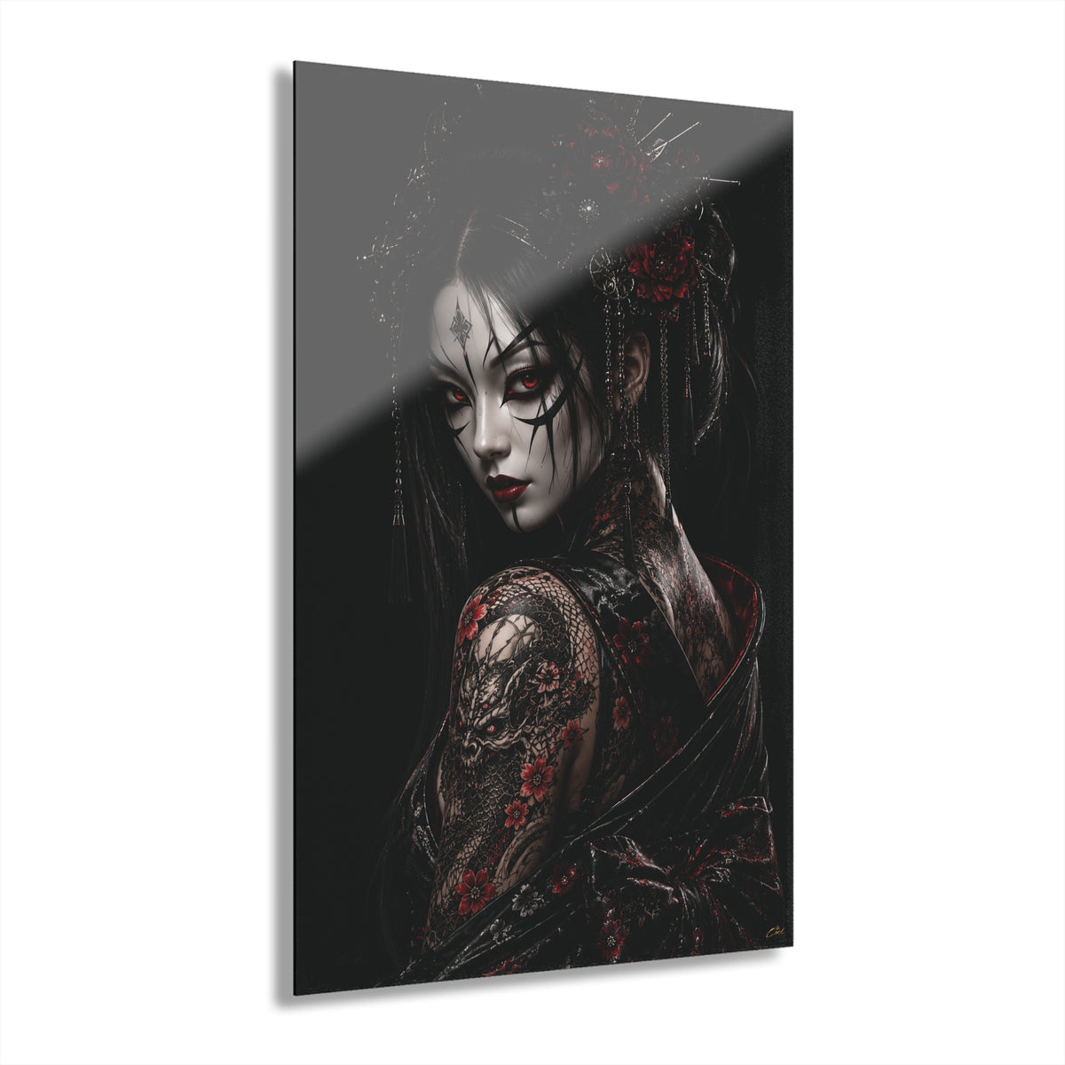 TOKYO GIRLS – Crimson Empress TW| Premium Acrylic Print | Japanese Gothic Wall Art | Tattoo Geisha Decor | Dark Fantasy Anime Artwork