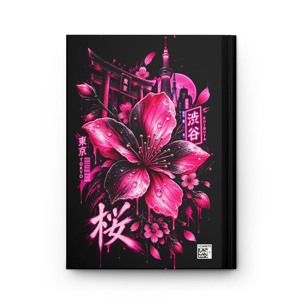 SHIBUYA SAKURA Neon Hardcover Journal | Japanese Cherry Blossom Notebook | Tokyo Japan Diary | Cyberpunk Floral Journal | Cool Living Club