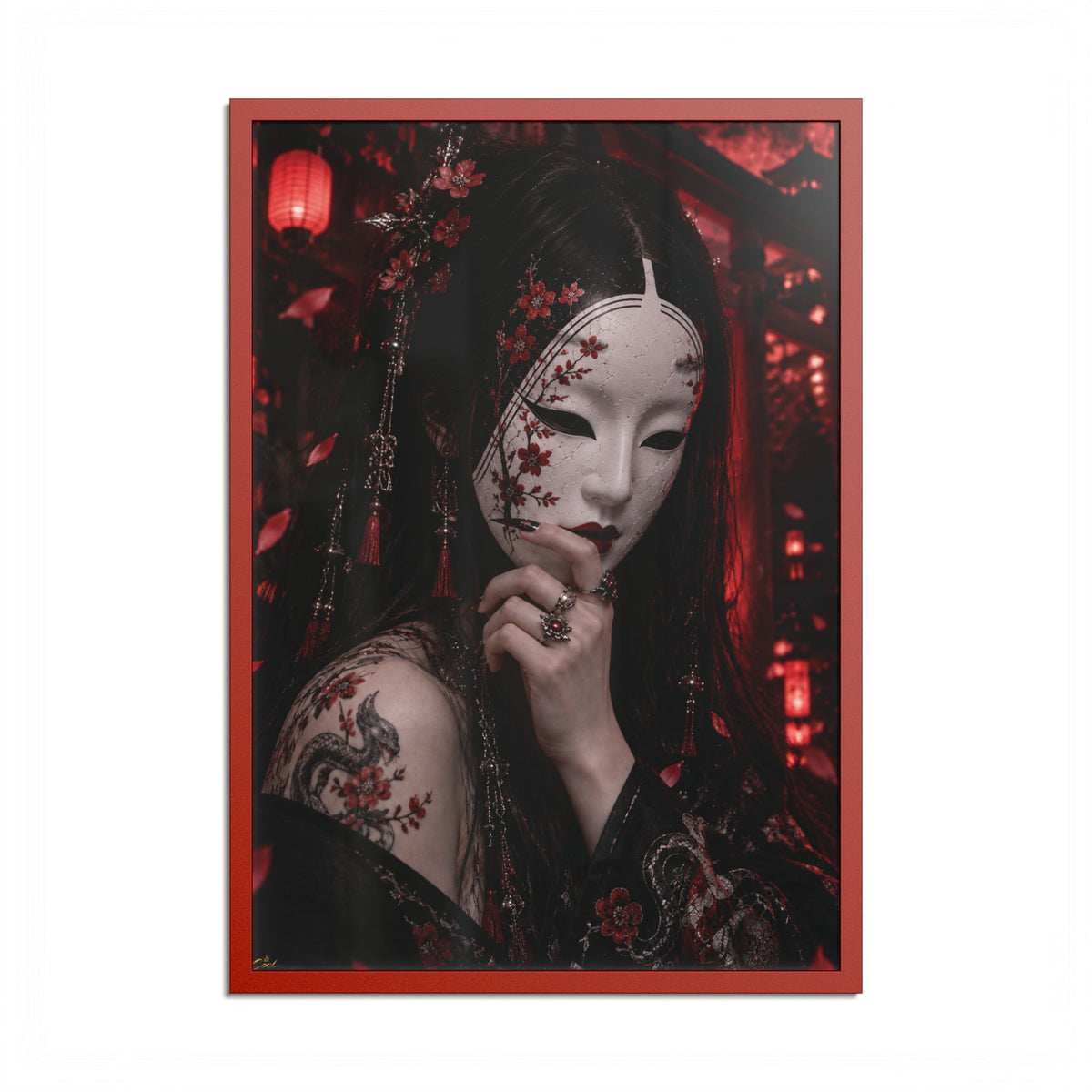 TOKYO GIRLS – Crimson Mask | Premium Framed Japanese Wall Art | Dark Tokyo Decor | Cool Living Club