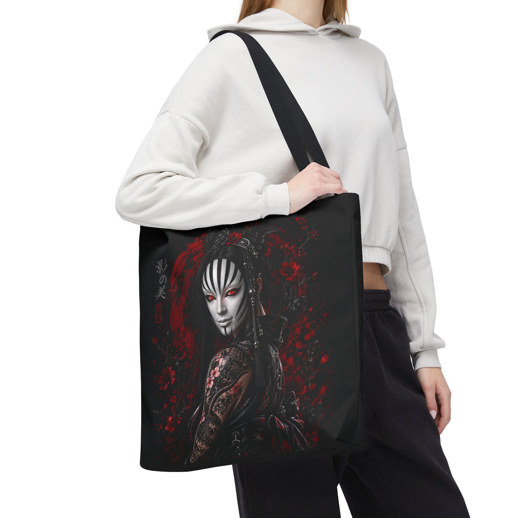 Tokyo Shadows Mask Tote Bag | Japanese Gothic All-Over Print Bag | Premium Streetwear Tote | Cool Living Club