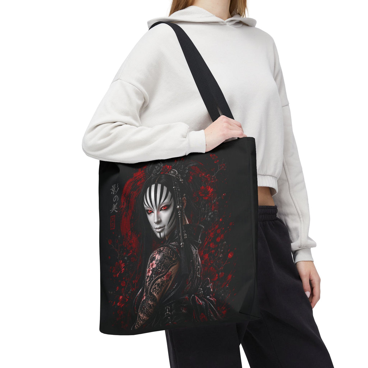 Tokyo Shadows Mask Tote Bag | Japanese Gothic All-Over Print Bag | Premium Streetwear Tote | Cool Living Club