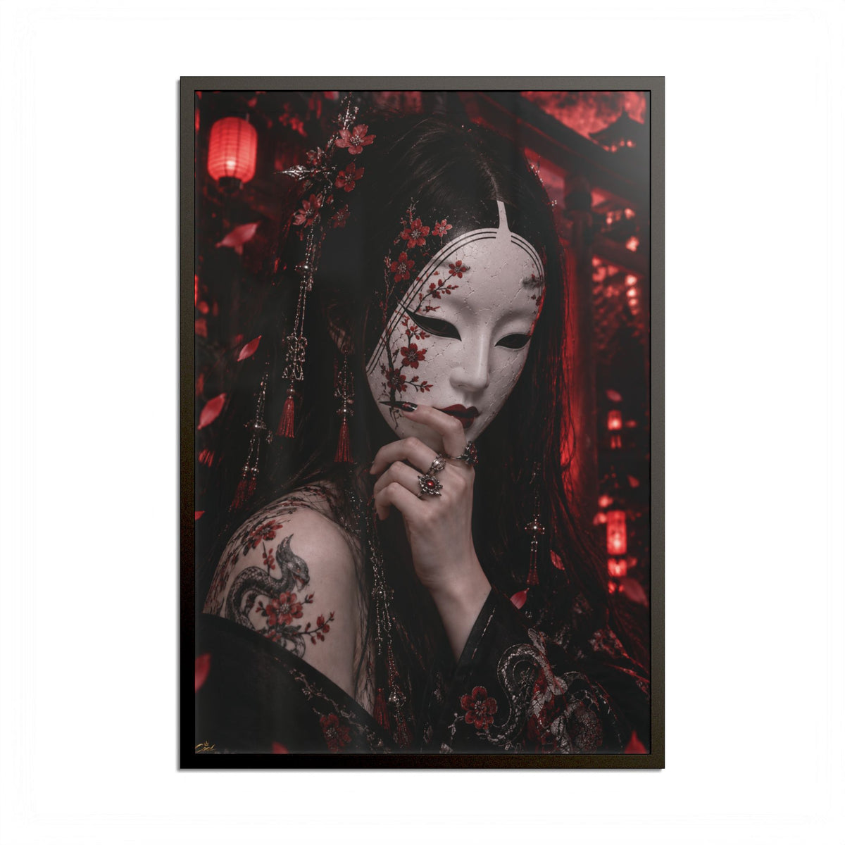 TOKYO GIRLS – Crimson Mask | Premium Framed Japanese Wall Art | Dark Tokyo Decor | Cool Living Club