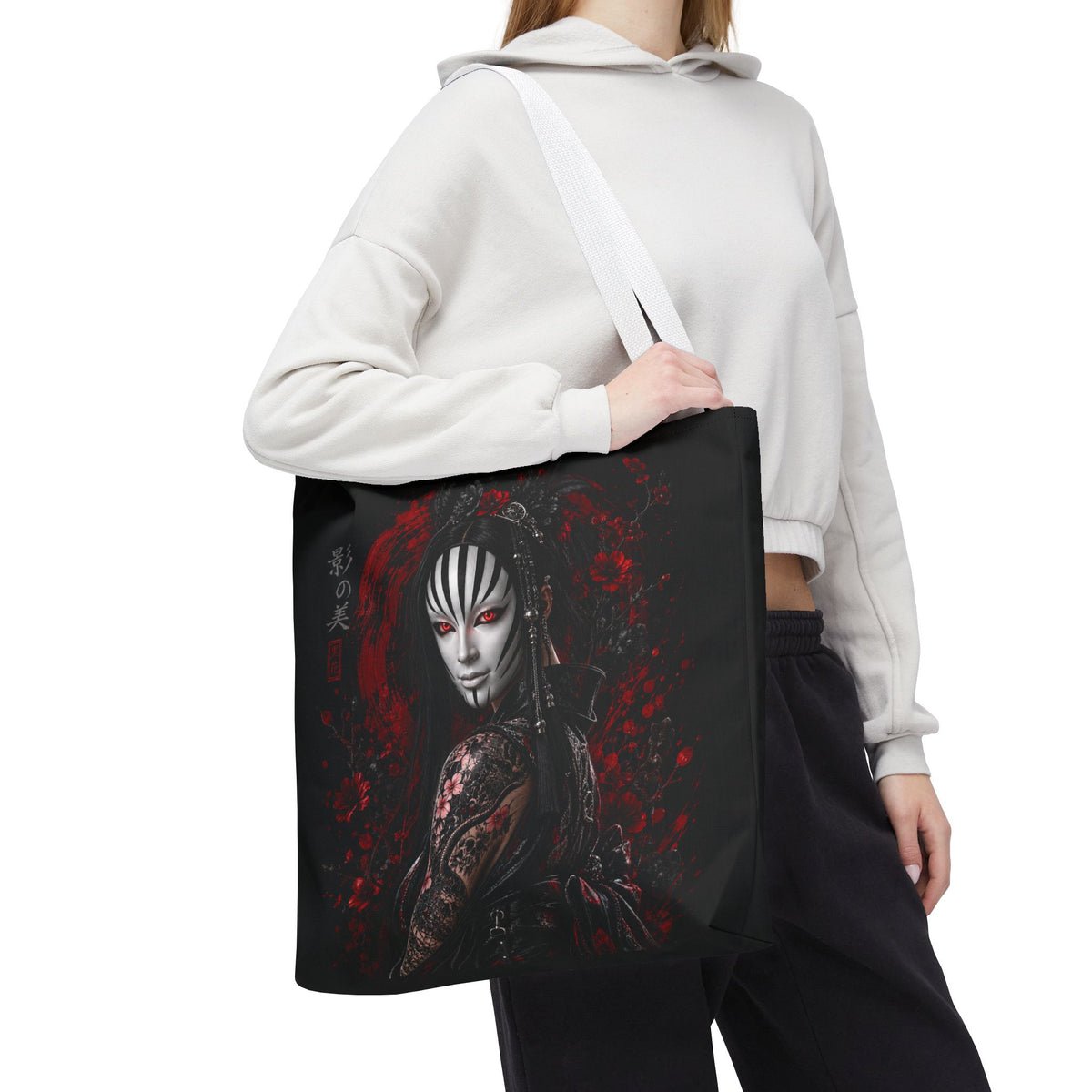 Tokyo Shadows Mask Tote Bag | Japanese Gothic All-Over Print Bag | Premium Streetwear Tote | Cool Living Club