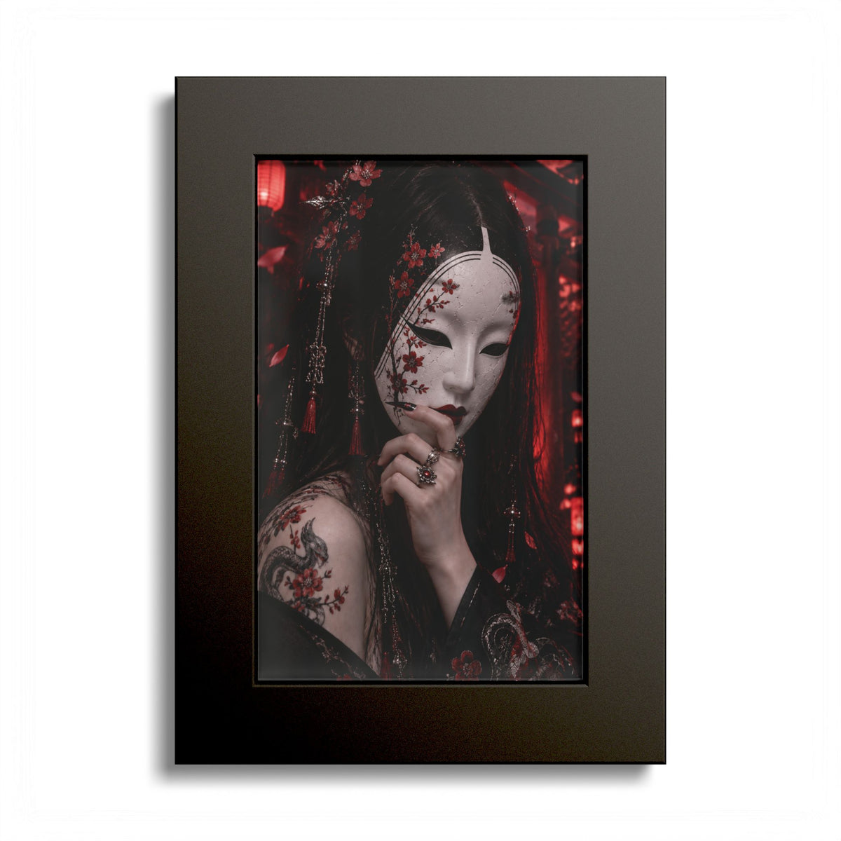TOKYO GIRLS – Crimson Mask | Premium Framed Japanese Wall Art | Dark Tokyo Decor | Cool Living Club