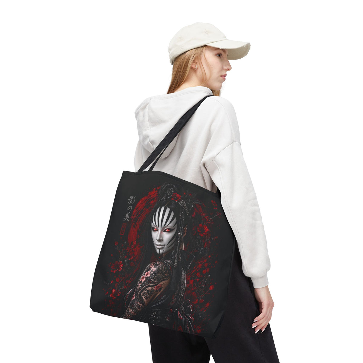 Tokyo Shadows Mask Tote Bag | Japanese Gothic All-Over Print Bag | Premium Streetwear Tote | Cool Living Club
