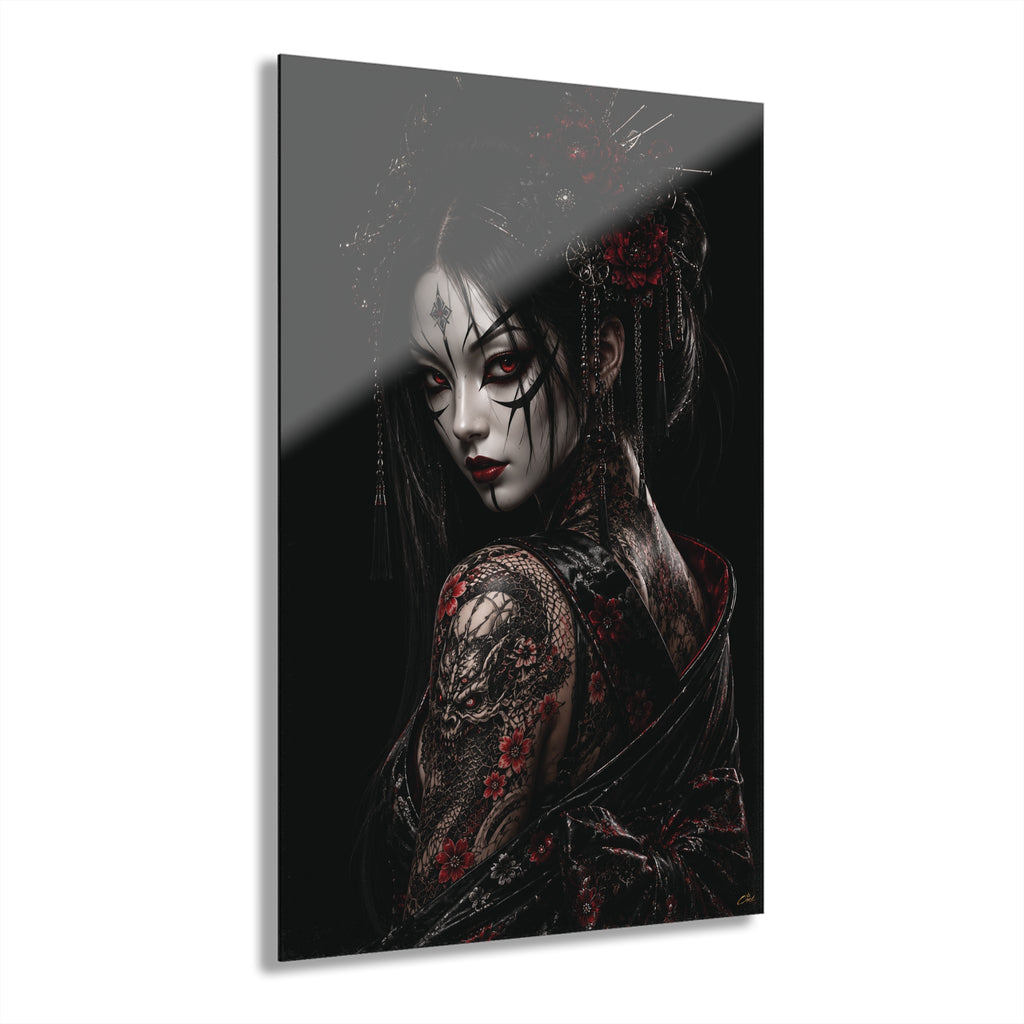 TOKYO GIRLS – Crimson Empress TW| Premium Acrylic Print | Japanese Gothic Wall Art | Tattoo Geisha Decor | Dark Fantasy Anime Artwork