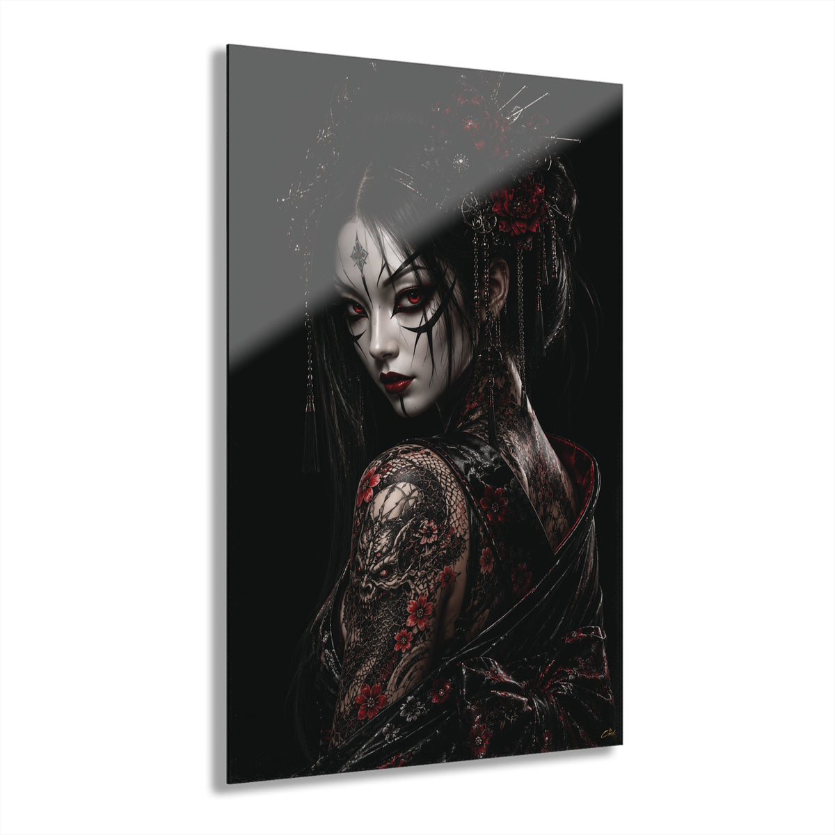 TOKYO GIRLS – Crimson Empress TW| Premium Acrylic Print | Japanese Gothic Wall Art | Tattoo Geisha Decor | Dark Fantasy Anime Artwork