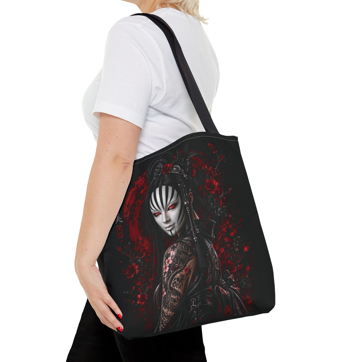 Tokyo Shadows Mask Tote Bag | Japanese Gothic All-Over Print Bag | Premium Streetwear Tote | Cool Living Club