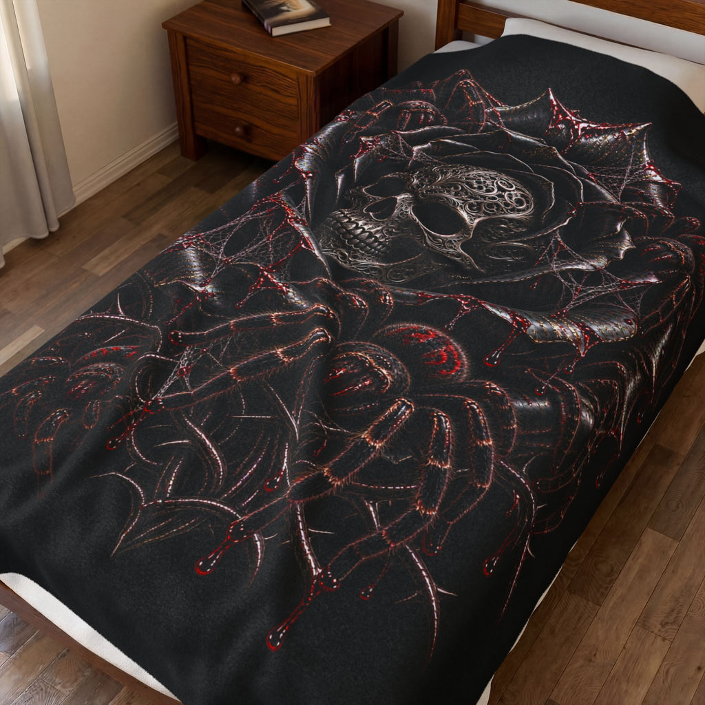 VENOM ROSE – Gothic Skull & Tarantula Plush Blanket | Black Rose Spider Throw | Dark Gothic Bedroom Decor | Cool Living Club