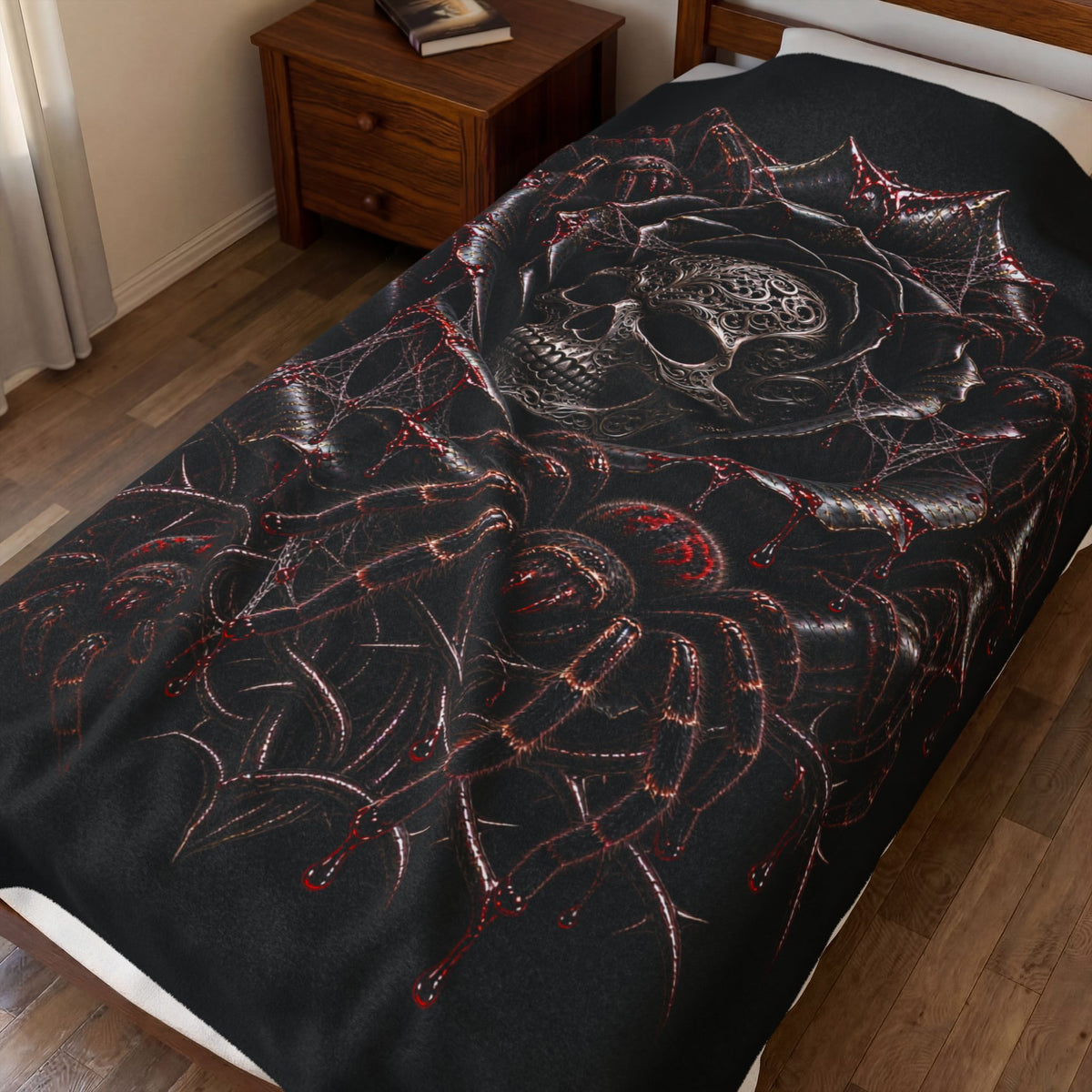 VENOM ROSE – Gothic Skull & Tarantula Plush Blanket | Black Rose Spider Throw | Dark Gothic Bedroom Decor | Cool Living Club