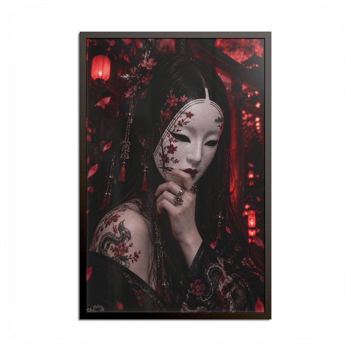 TOKYO GIRLS – Crimson Mask | Premium Framed Japanese Wall Art | Dark Tokyo Decor | Cool Living Club
