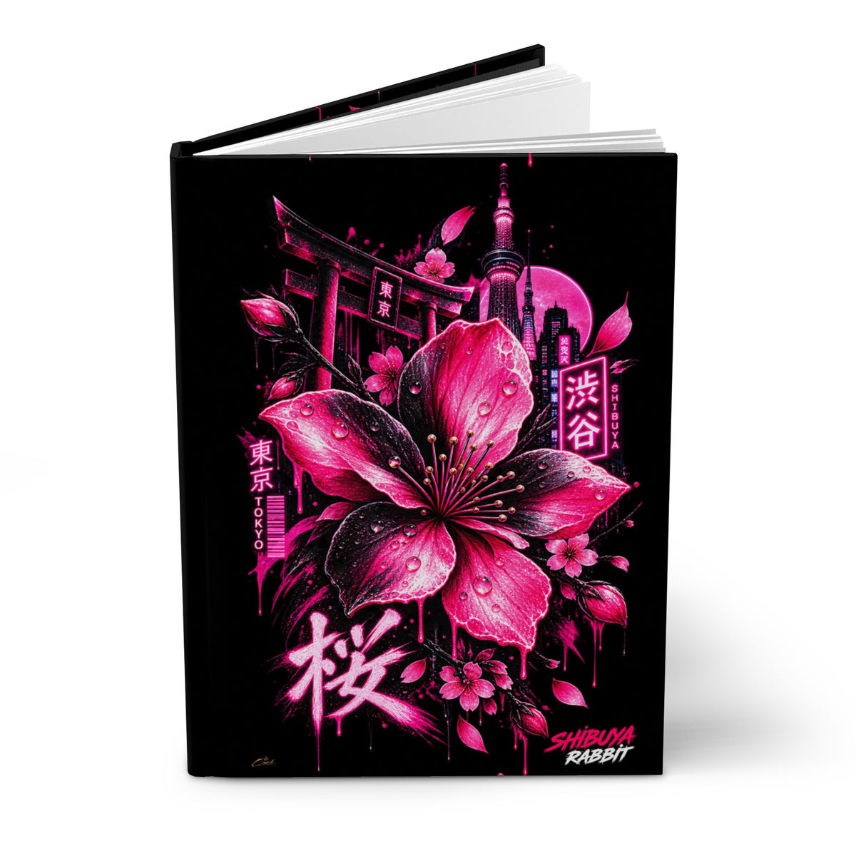 SHIBUYA SAKURA Neon Hardcover Journal | Japanese Cherry Blossom Notebook | Tokyo Japan Diary | Cyberpunk Floral Journal | Cool Living Club