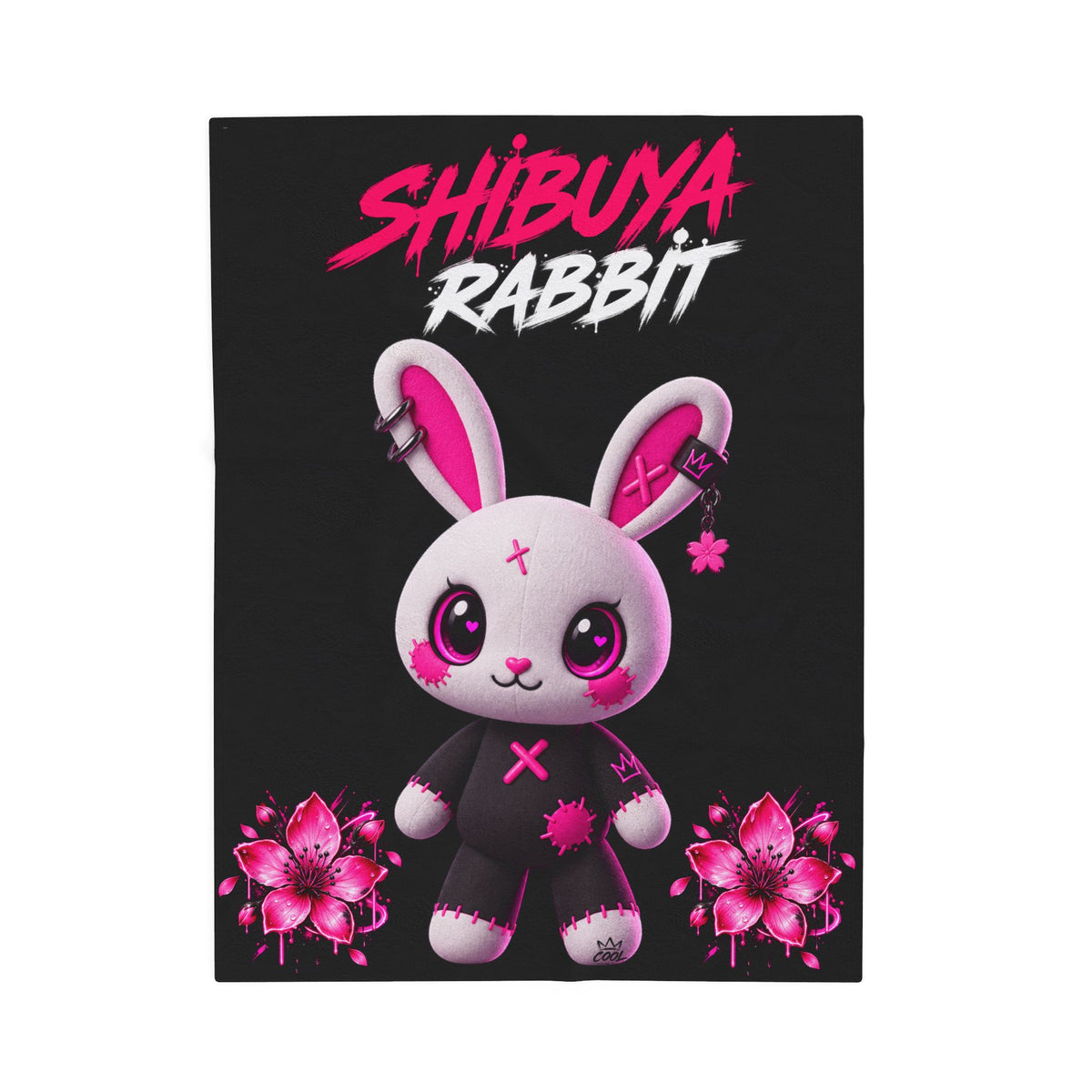 SHIBUYA RABBIT – Kawaii Japanese Plush Blanket | Pink & Black Bunny Throw | Harajuku Anime Bedroom Decor | Tokyo Aesthetic | Cool Living Club