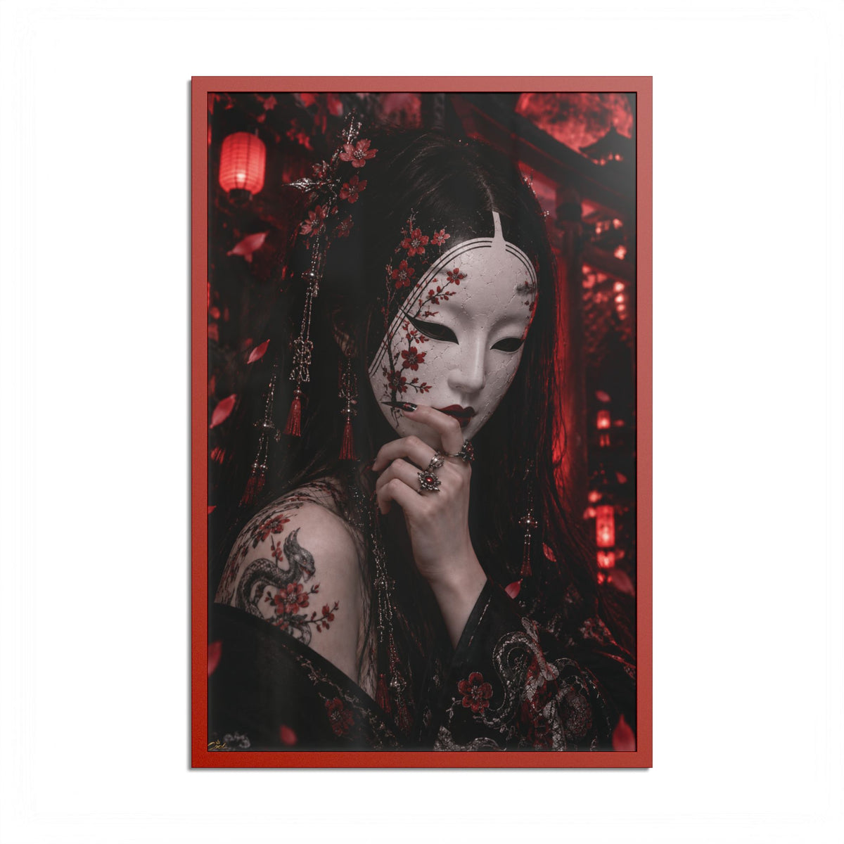 TOKYO GIRLS – Crimson Mask | Premium Framed Japanese Wall Art | Dark Tokyo Decor | Cool Living Club