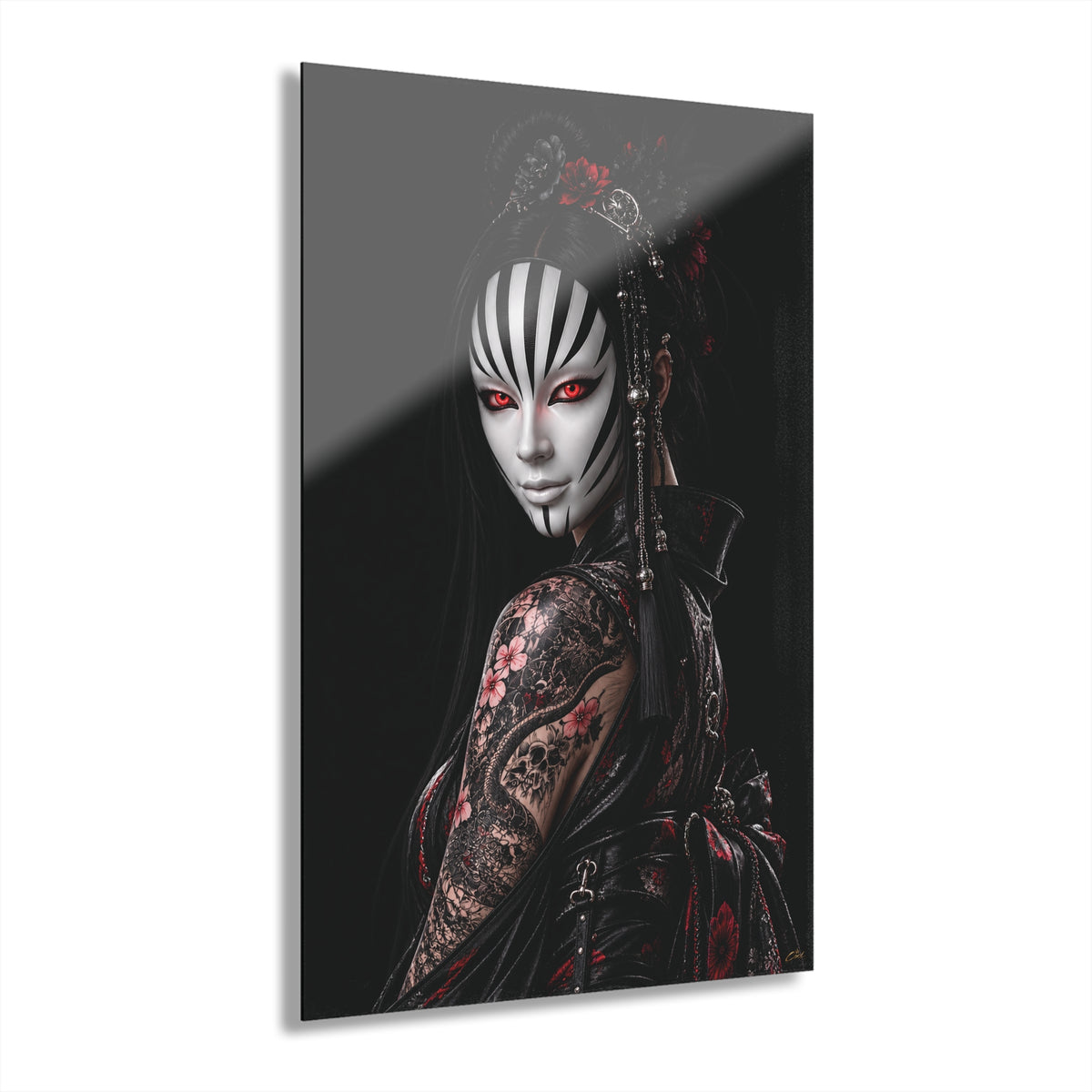 TOKYO GIRLS – Crimson Empress | Premium Acrylic Print | Japanese Gothic Wall Art | Tattoo Geisha Decor | Luxury Anime Wall Art