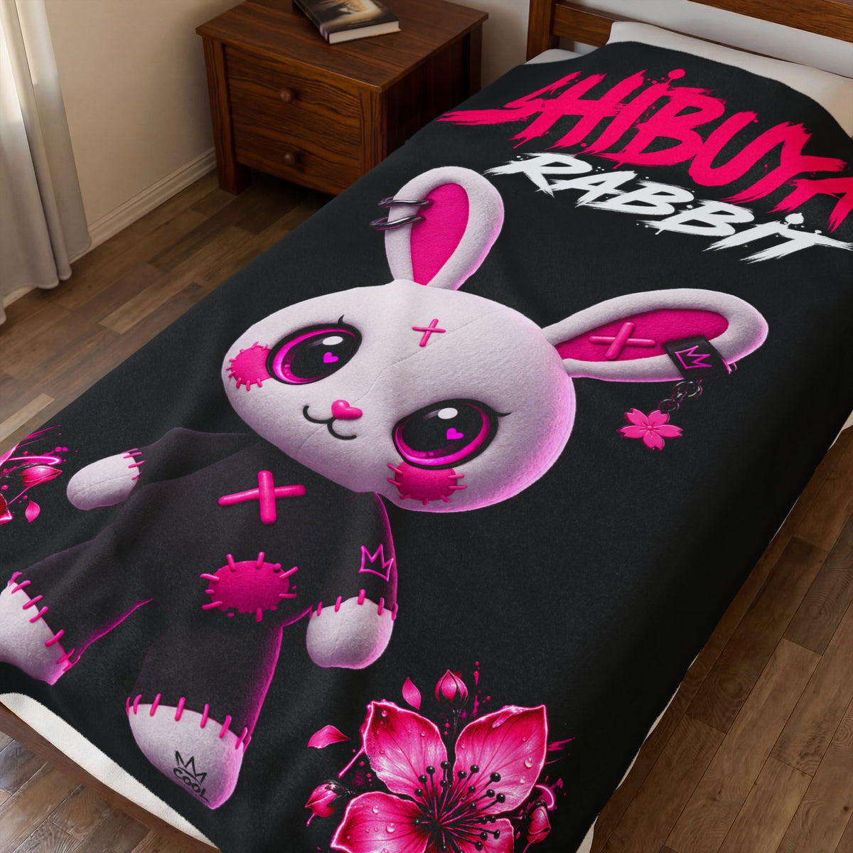 SHIBUYA RABBIT – Kawaii Japanese Plush Blanket | Pink & Black Bunny Throw | Harajuku Anime Bedroom Decor | Tokyo Aesthetic | Cool Living Club