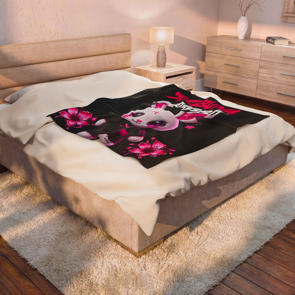 SHIBUYA RABBIT – Kawaii Japanese Plush Blanket | Pink & Black Bunny Throw | Harajuku Anime Bedroom Decor | Tokyo Aesthetic | Cool Living Club