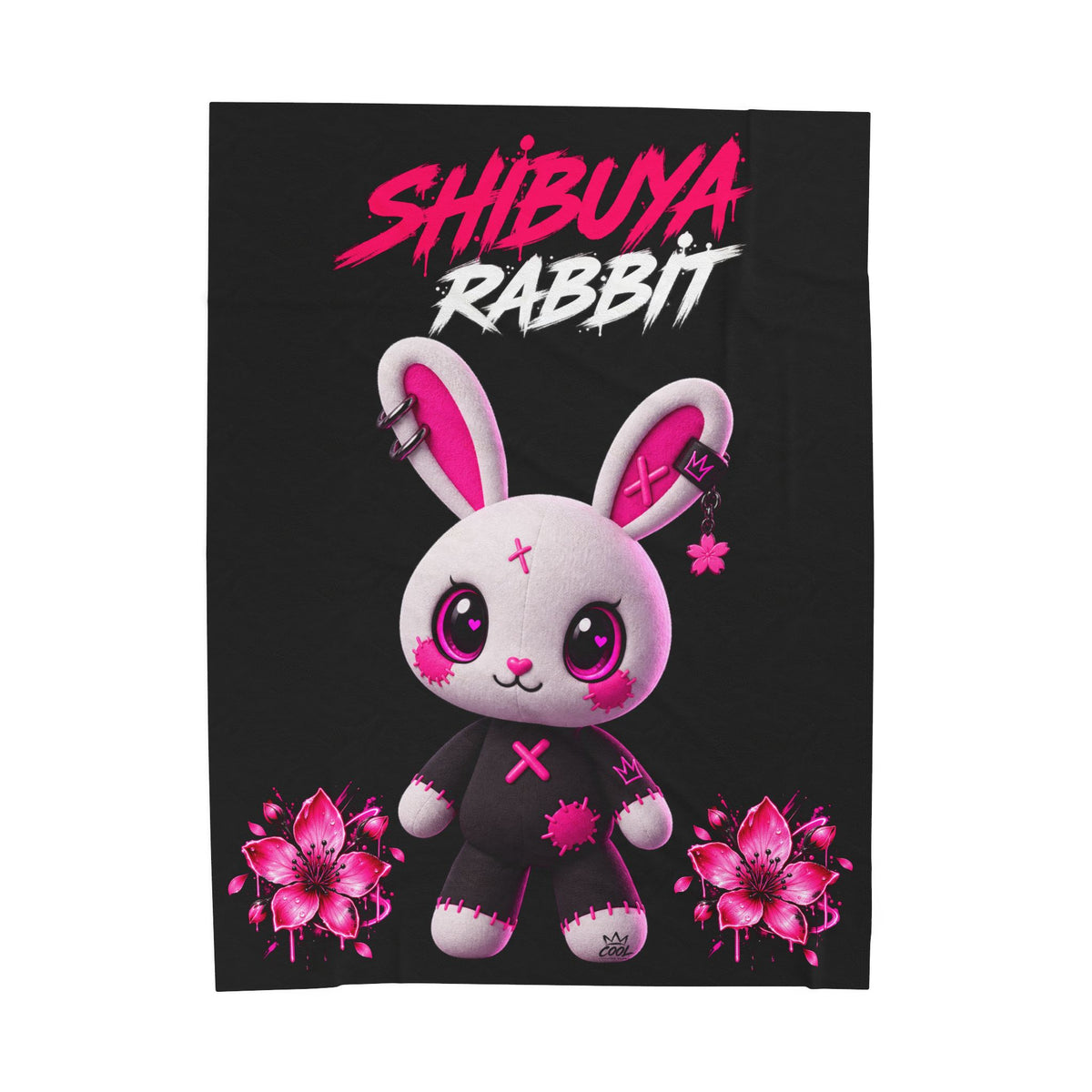 SHIBUYA RABBIT – Kawaii Japanese Plush Blanket | Pink & Black Bunny Throw | Harajuku Anime Bedroom Decor | Tokyo Aesthetic | Cool Living Club