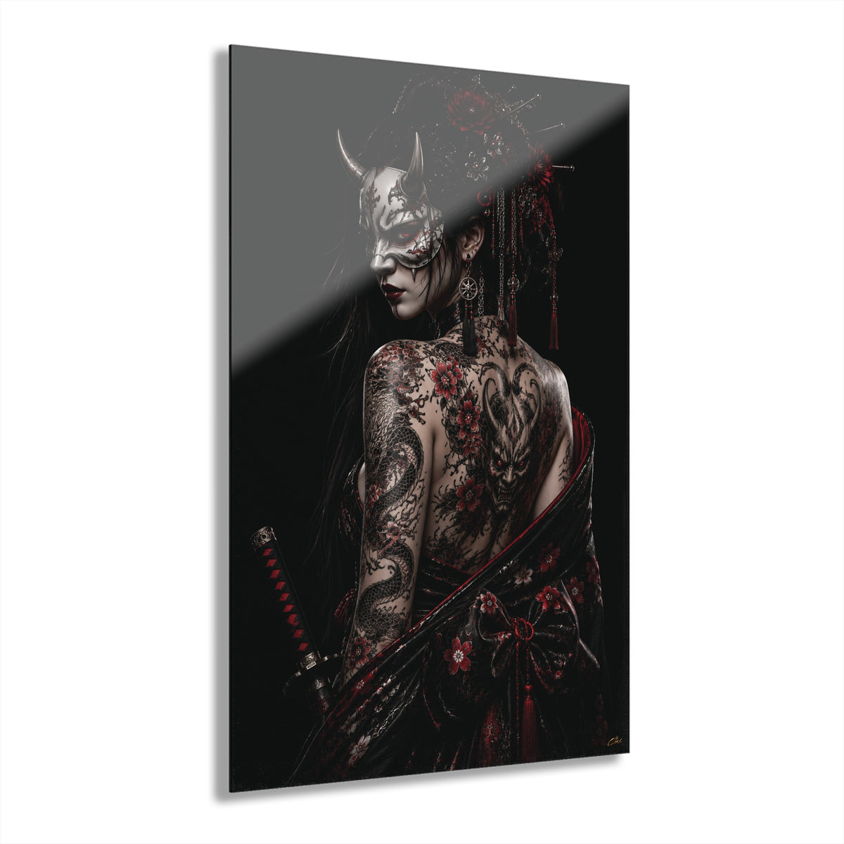 TOKYO GIRLS – Shadow Empress | Premium Acrylic Print | Japanese Gothic Wall Art | Tattoo Geisha Decor | Dark Fantasy Anime Artwork