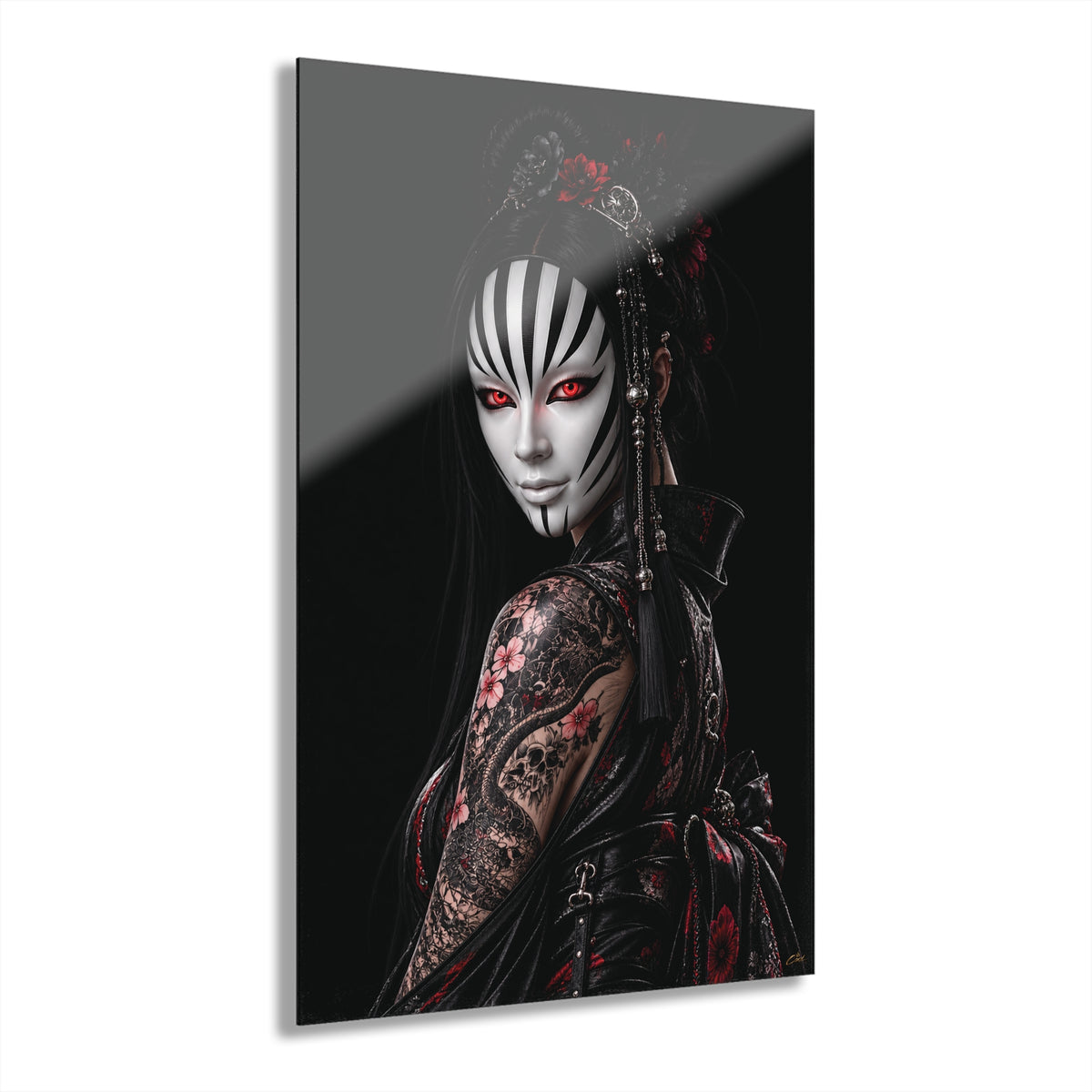TOKYO GIRLS – Crimson Empress | Premium Acrylic Print | Japanese Gothic Wall Art | Tattoo Geisha Decor | Luxury Anime Wall Art