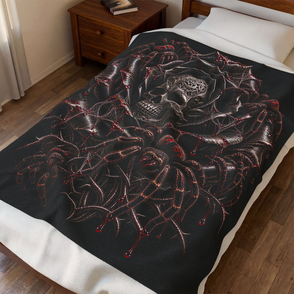VENOM ROSE – Gothic Skull & Tarantula Plush Blanket | Black Rose Spider Throw | Dark Gothic Bedroom Decor | Cool Living Club