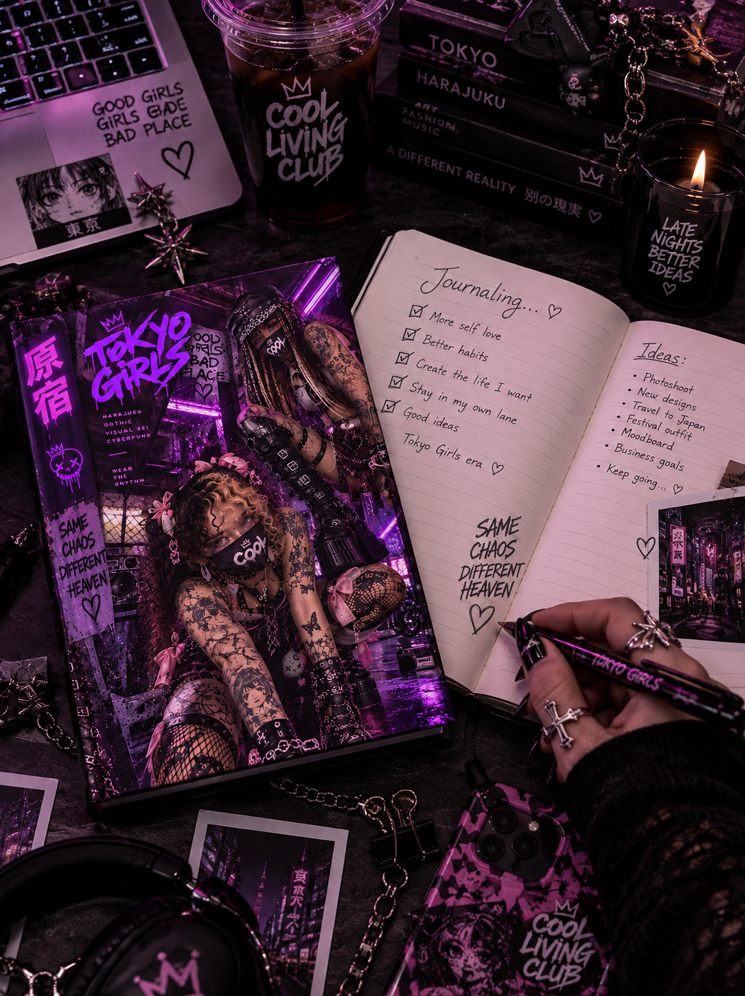 TOKYO GIRLS Gothic Cyberpunk Journal – Harajuku Visual Kei Hardcover Notebook | Alternative Japanese Streetwear Diary | Cool Living Club