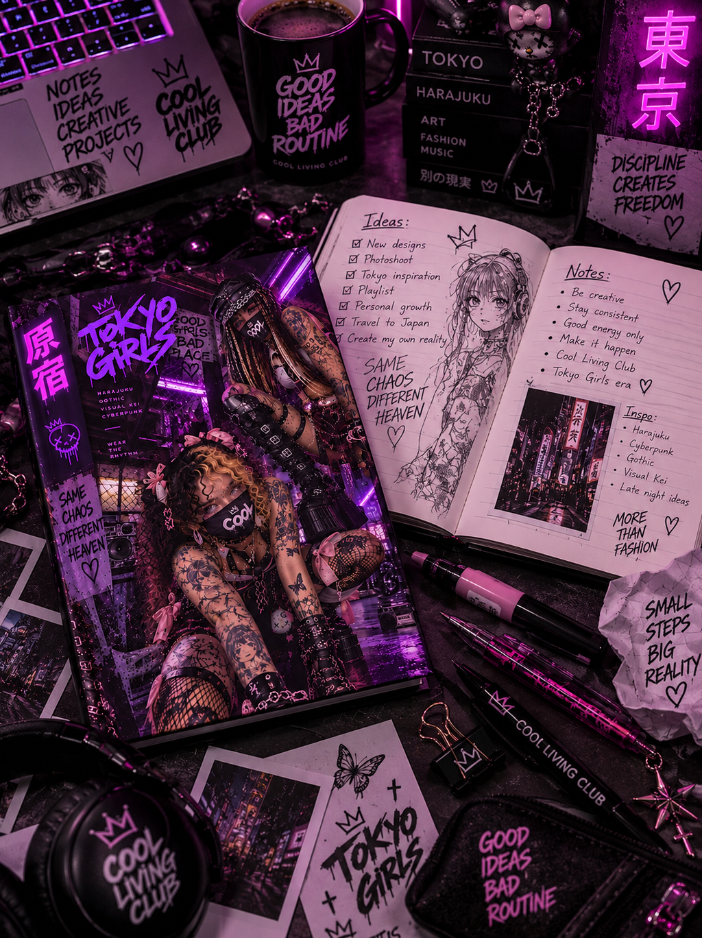 TOKYO GIRLS Gothic Cyberpunk Journal – Harajuku Visual Kei Hardcover Notebook | Alternative Japanese Streetwear Diary | Cool Living Club