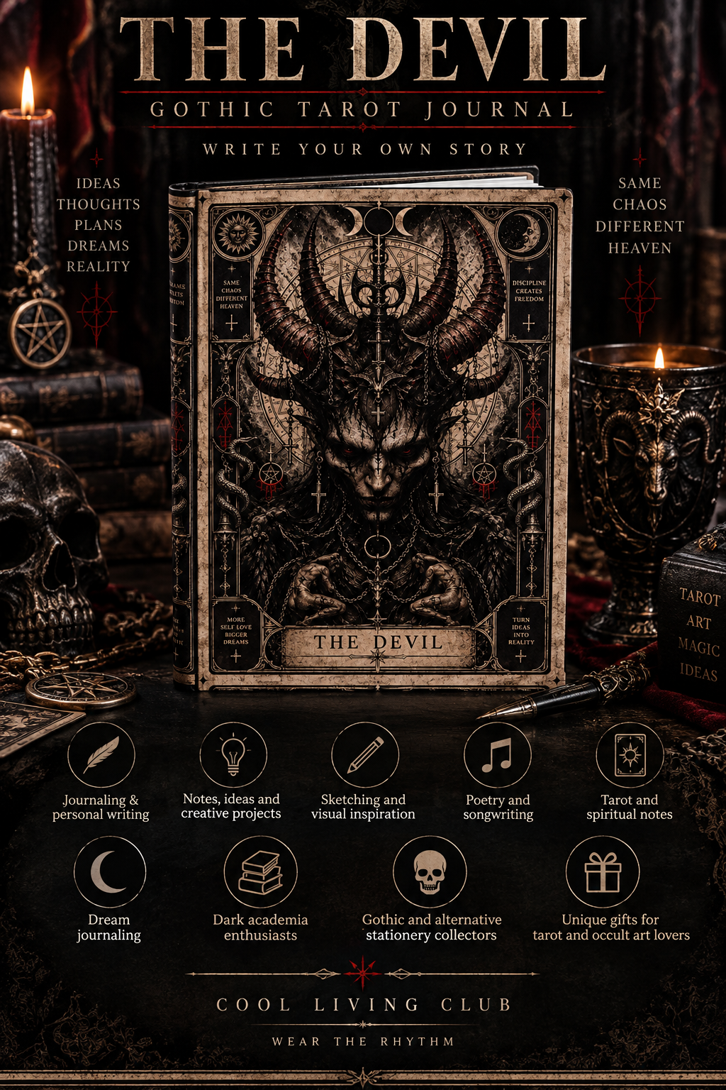 THE DEVIL Gothic Tarot Hardcover Journal | Dark Occult Notebook | Gothic Art Diary | Witchy Alternative Journal | Cool Living Club