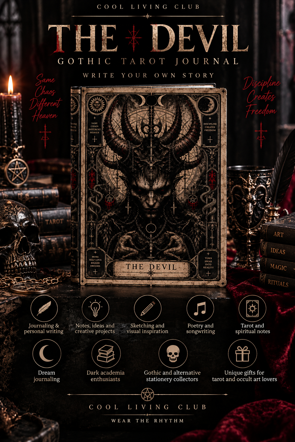 THE DEVIL Gothic Tarot Hardcover Journal | Dark Occult Notebook | Gothic Art Diary | Witchy Alternative Journal | Cool Living Club