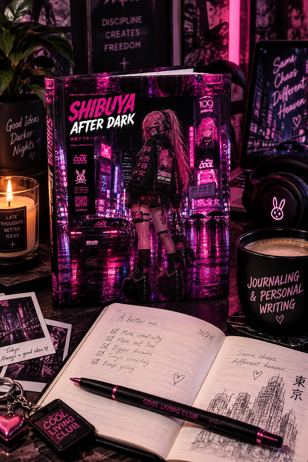 SHIBUYA AFTER DARK Hardcover Journal | Cyberpunk Tokyo Notebook | Japanese Streetwear Diary | Neon Gothic Journal | Cool Living Club