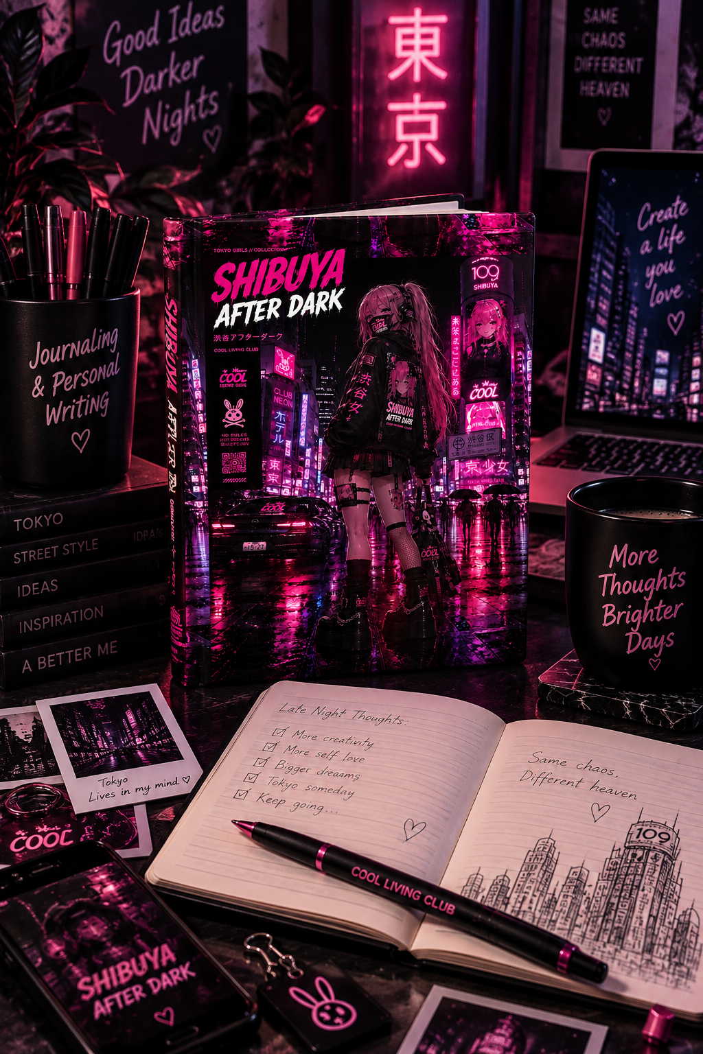 SHIBUYA AFTER DARK Hardcover Journal | Cyberpunk Tokyo Notebook | Japanese Streetwear Diary | Neon Gothic Journal | Cool Living Club