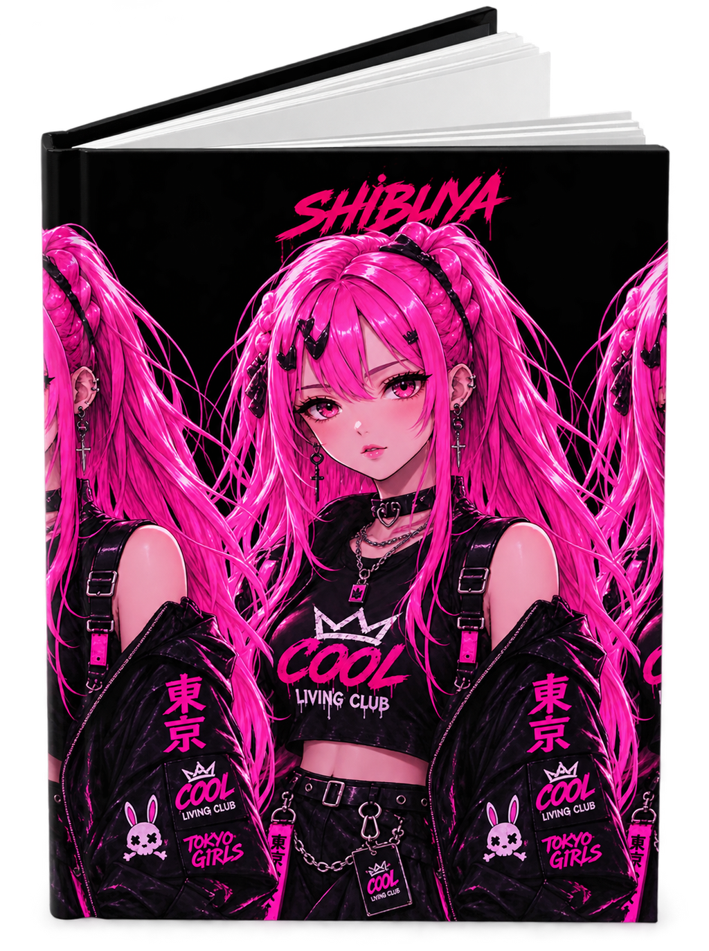 SHIBUYA Tokyo Girls Hardcover Journal | Pink Cyberpunk Anime Notebook | Japanese Streetwear Diary | Kawaii Gothic Journal | Cool Living Club