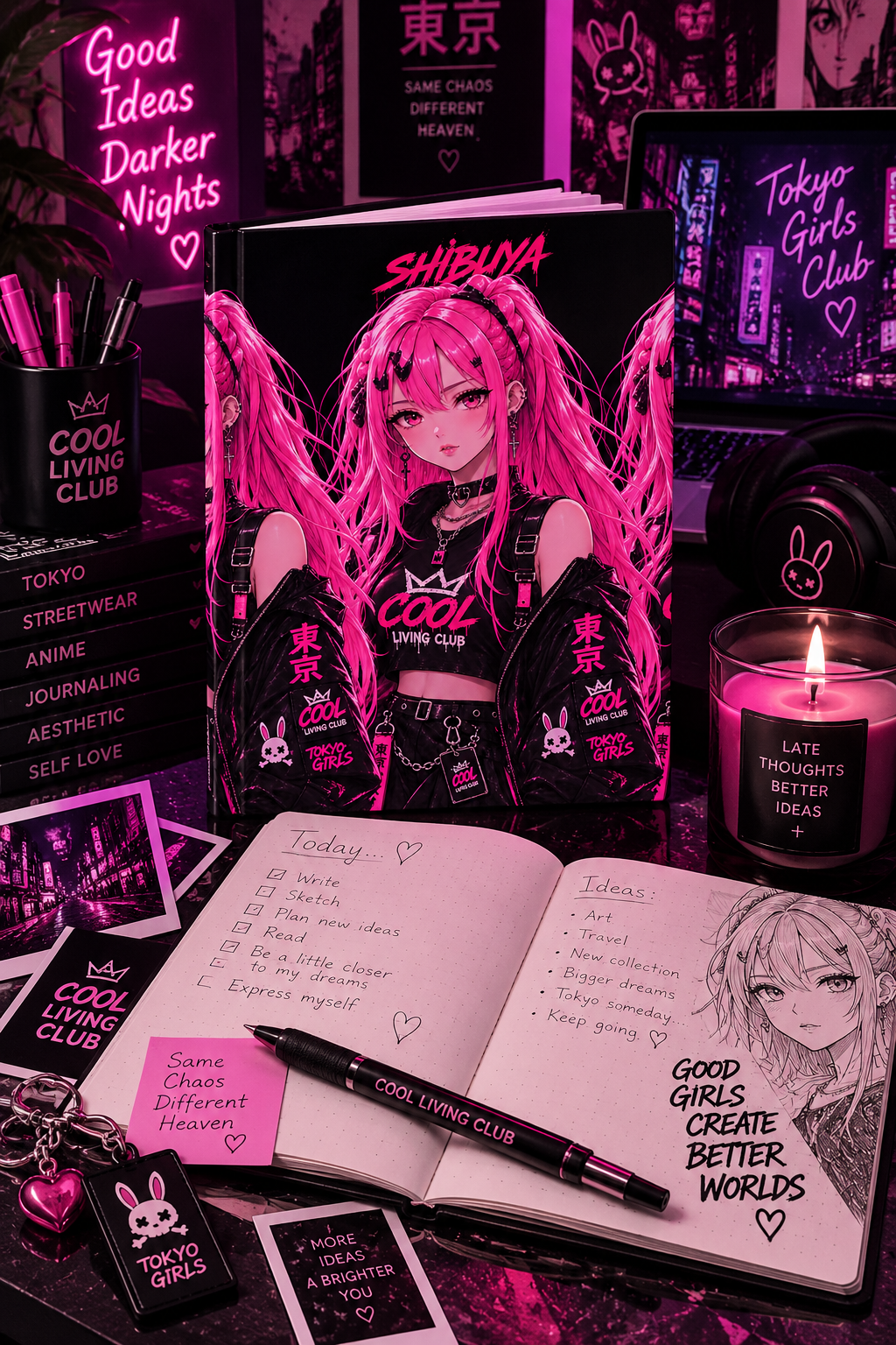SHIBUYA Tokyo Girls Hardcover Journal | Pink Cyberpunk Anime Notebook | Japanese Streetwear Diary | Kawaii Gothic Journal | Cool Living Club