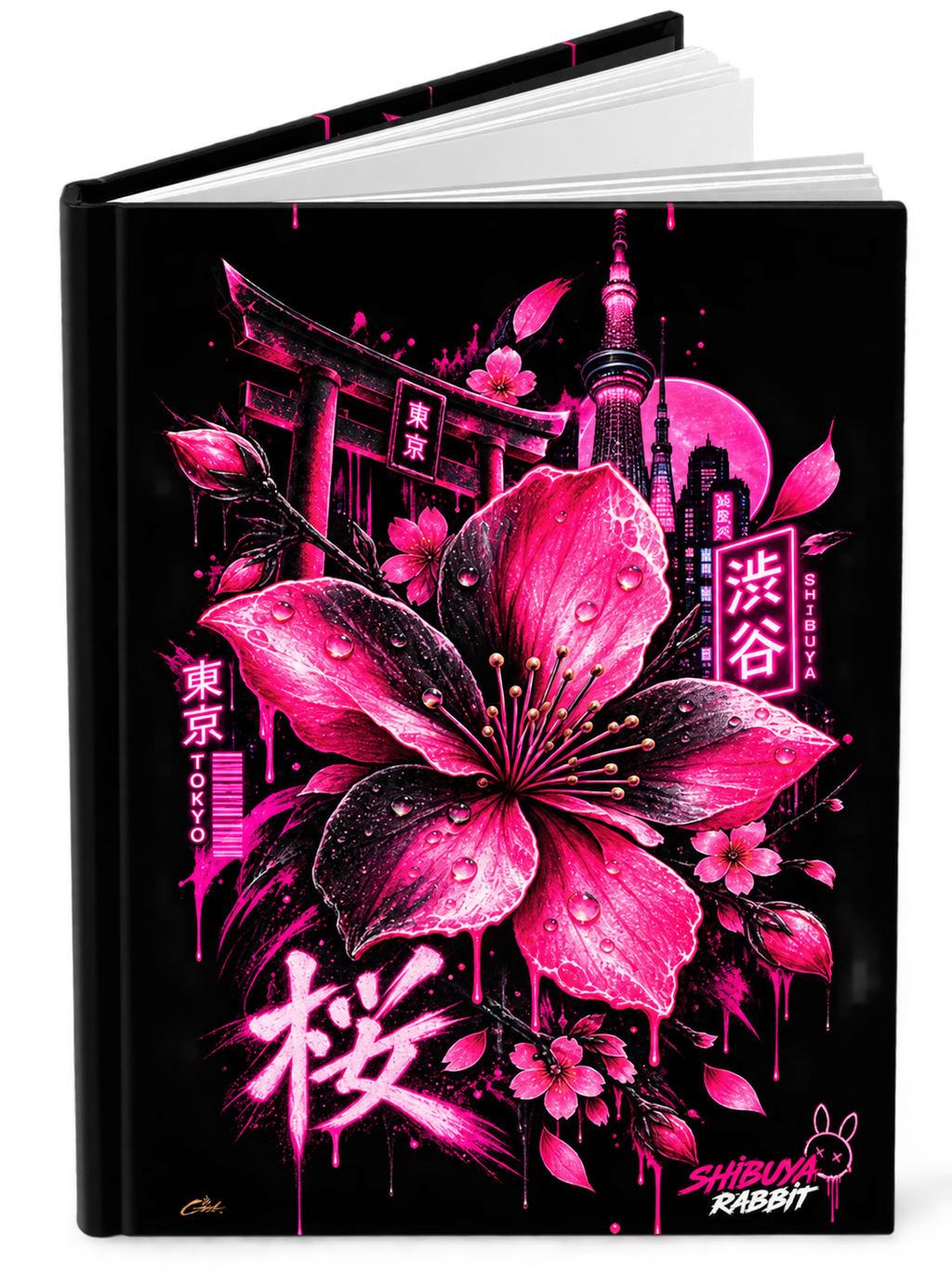 SHIBUYA SAKURA Neon Hardcover Journal | Japanese Cherry Blossom Notebook | Tokyo Japan Diary | Cyberpunk Floral Journal | Cool Living Club