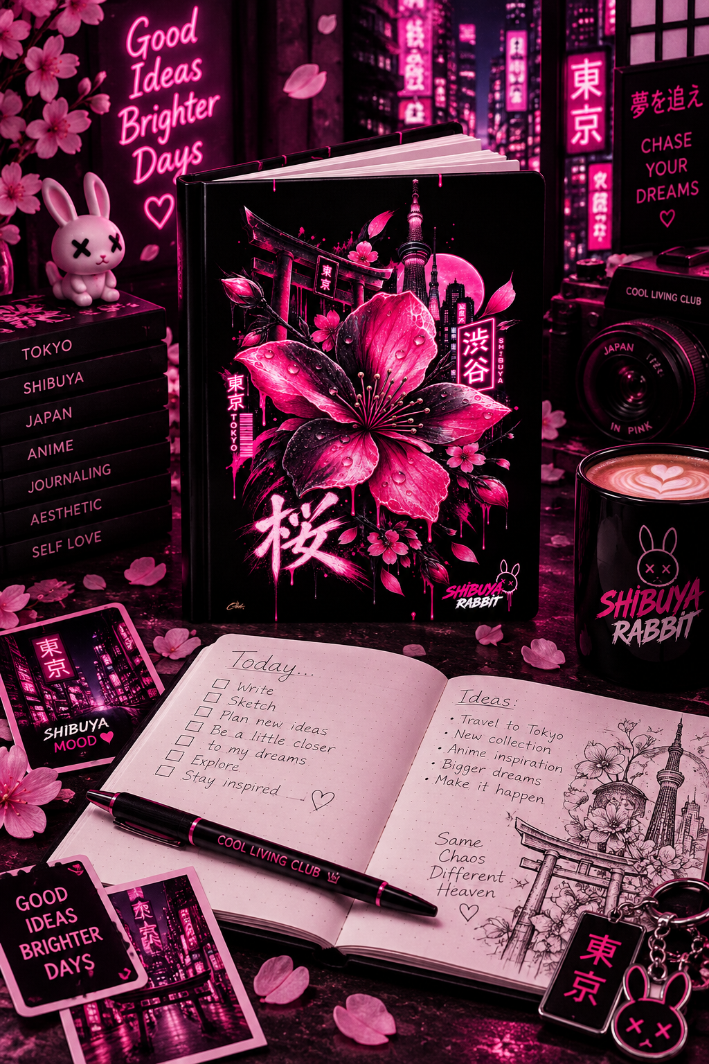 SHIBUYA SAKURA Neon Hardcover Journal | Japanese Cherry Blossom Notebook | Tokyo Japan Diary | Cyberpunk Floral Journal | Cool Living Club