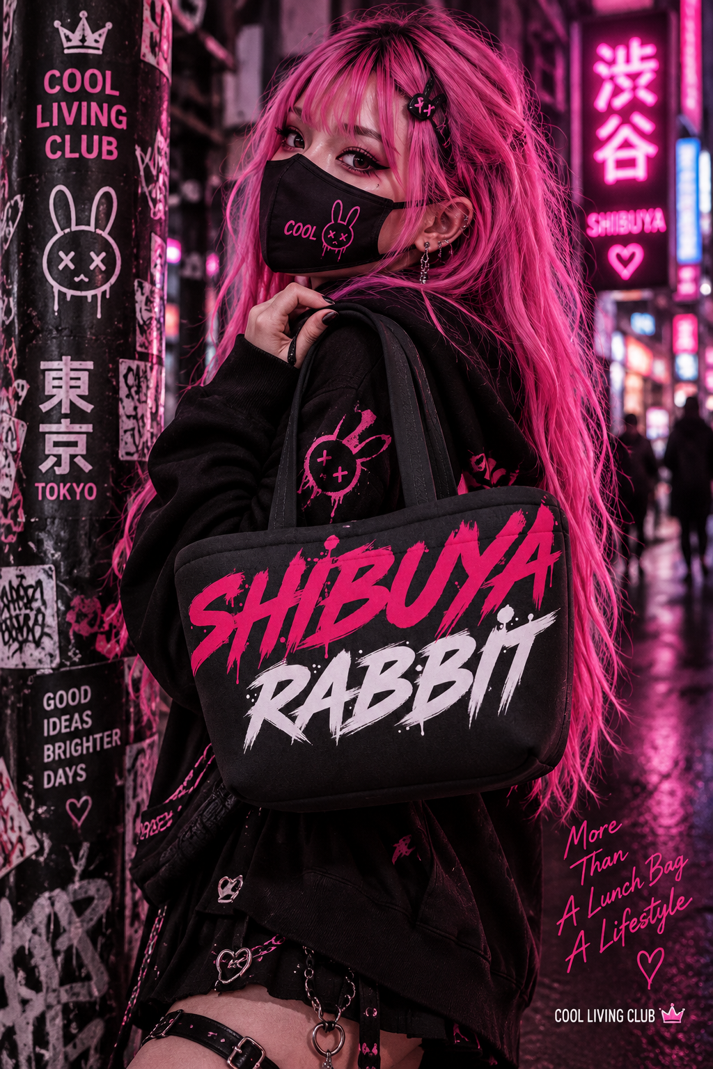 SHIBUYA Tokyo Girl Lunch Bag | Anime Kawaii Insulated Lunch Tote | Pink Japanese Aesthetic Lunch Bag | Cool Living Club