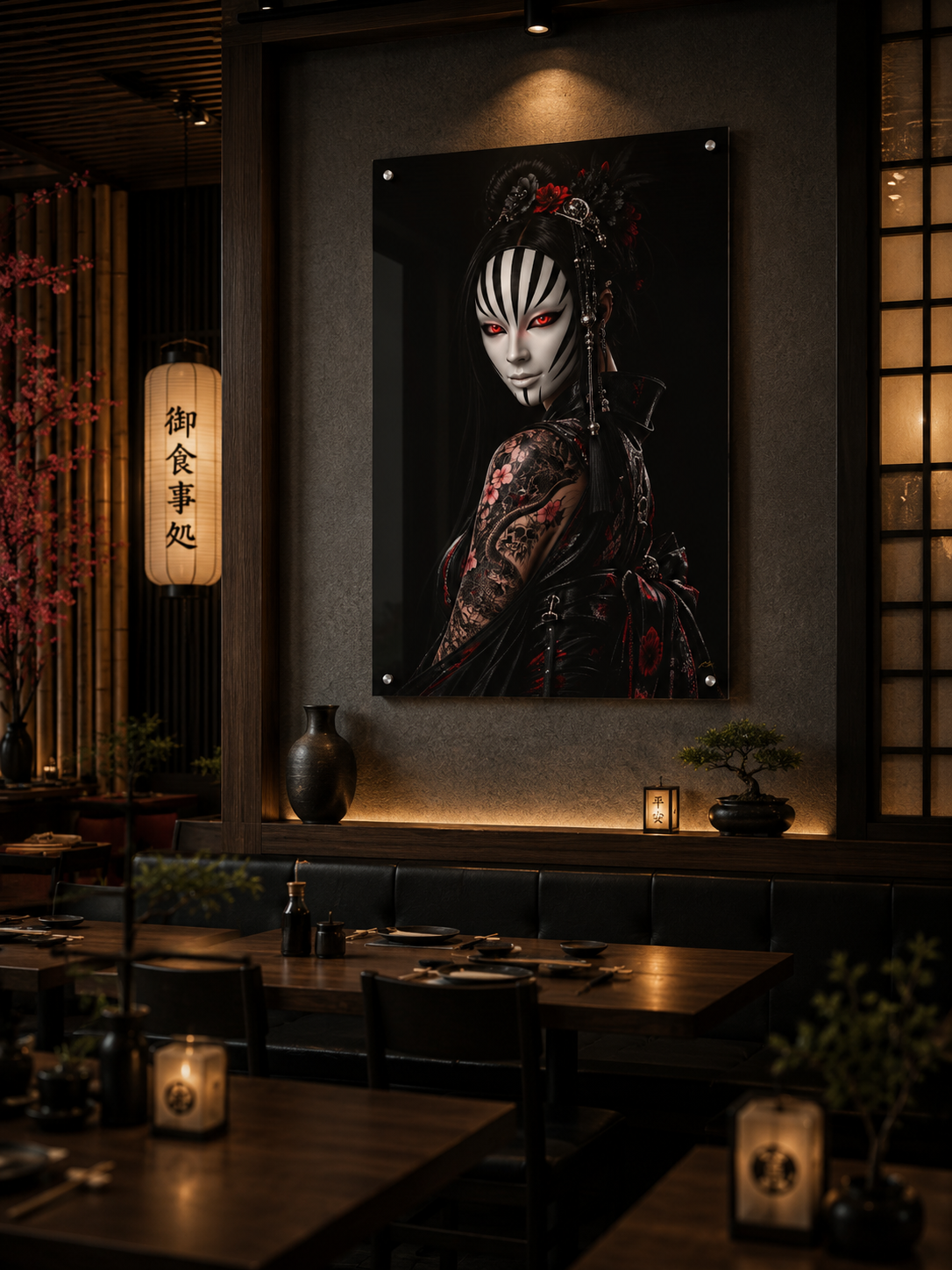 TOKYO GIRLS – Crimson Empress | Premium Acrylic Print | Japanese Gothic Wall Art | Tattoo Geisha Decor | Luxury Anime Wall Art